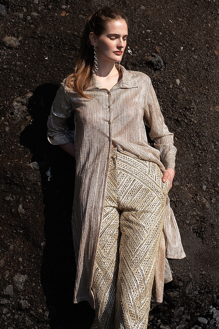 Champagne Recycled Tulle Embroidered Co-Ord Set by SEEMA GUJRAL X DASH AND DOT at Pernia's Pop Up Shop