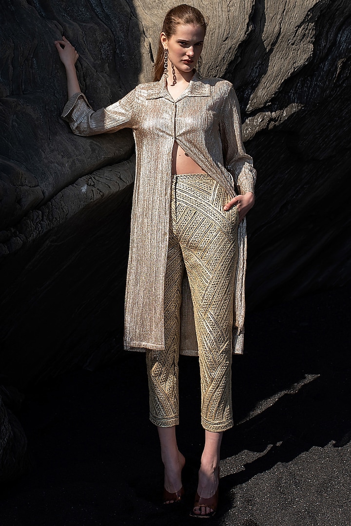 Champagne Recycled Tulle Embroidered Pants by SEEMA GUJRAL X DASH AND DOT