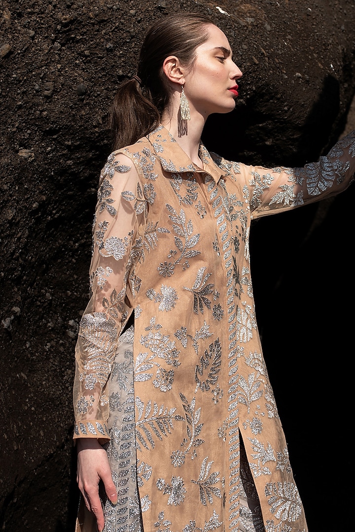 Grey Tulle Embroidered Co-Ord Set by SEEMA GUJRAL X DASH AND DOT at Pernia's Pop Up Shop
