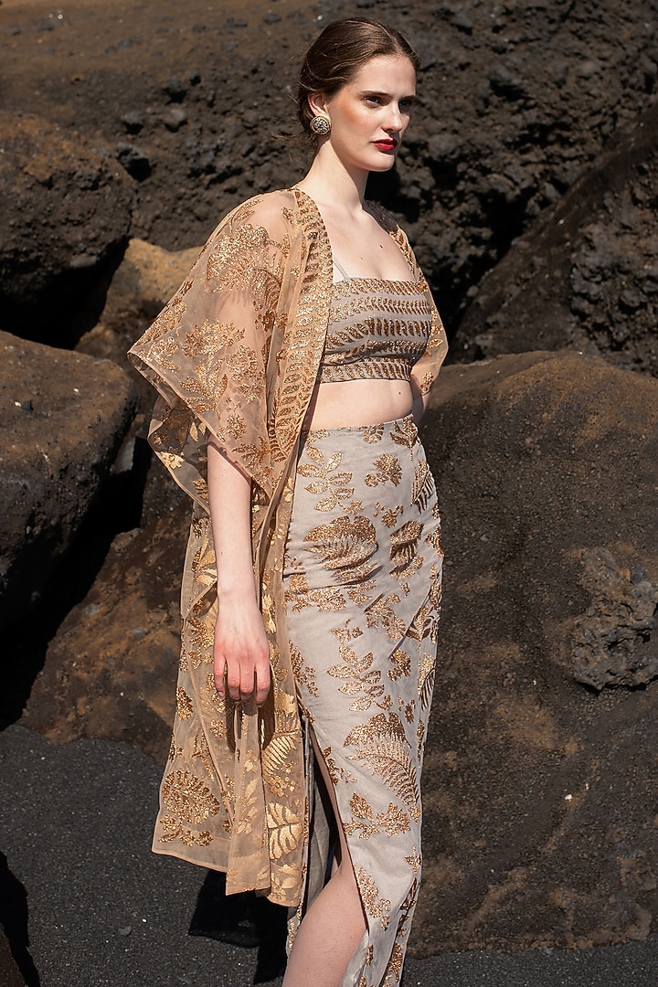 Copper Sheer Embroidered Cape by SEEMA GUJRAL X DASH AND DOT at Pernia's Pop Up Shop