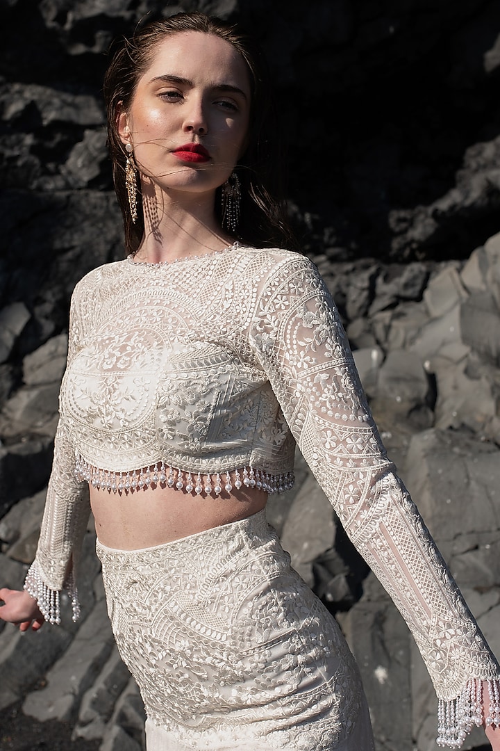 White Nylon Embroidered Crop Top by SEEMA GUJRAL X DASH AND DOT