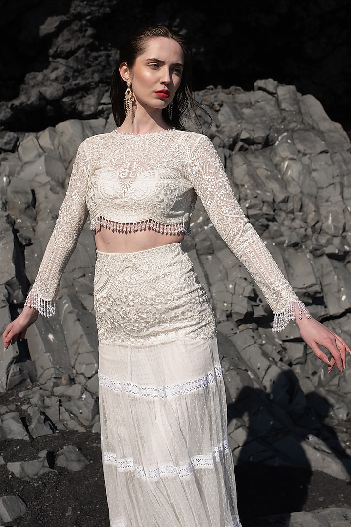 White Nylon Embroidered Crop Top by SEEMA GUJRAL X DASH AND DOT at Pernia's Pop Up Shop