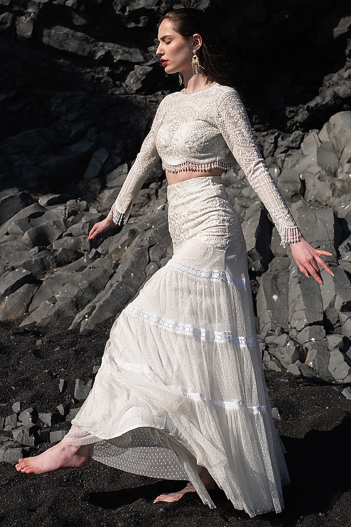 White Nylon Embroidered Crop Top by SEEMA GUJRAL X DASH AND DOT at Pernia's Pop Up Shop