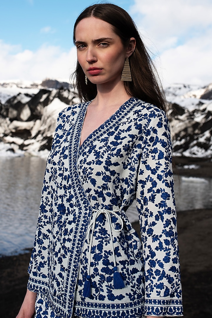 Royal Blue Viscose Embroidered Overlap Top by SEEMA GUJRAL X DASH AND DOT at Pernia's Pop Up Shop