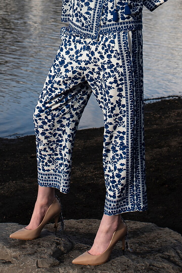 Royal Blue Viscose Embroidered Straight Pants by SEEMA GUJRAL X DASH AND DOT at Pernia's Pop Up Shop
