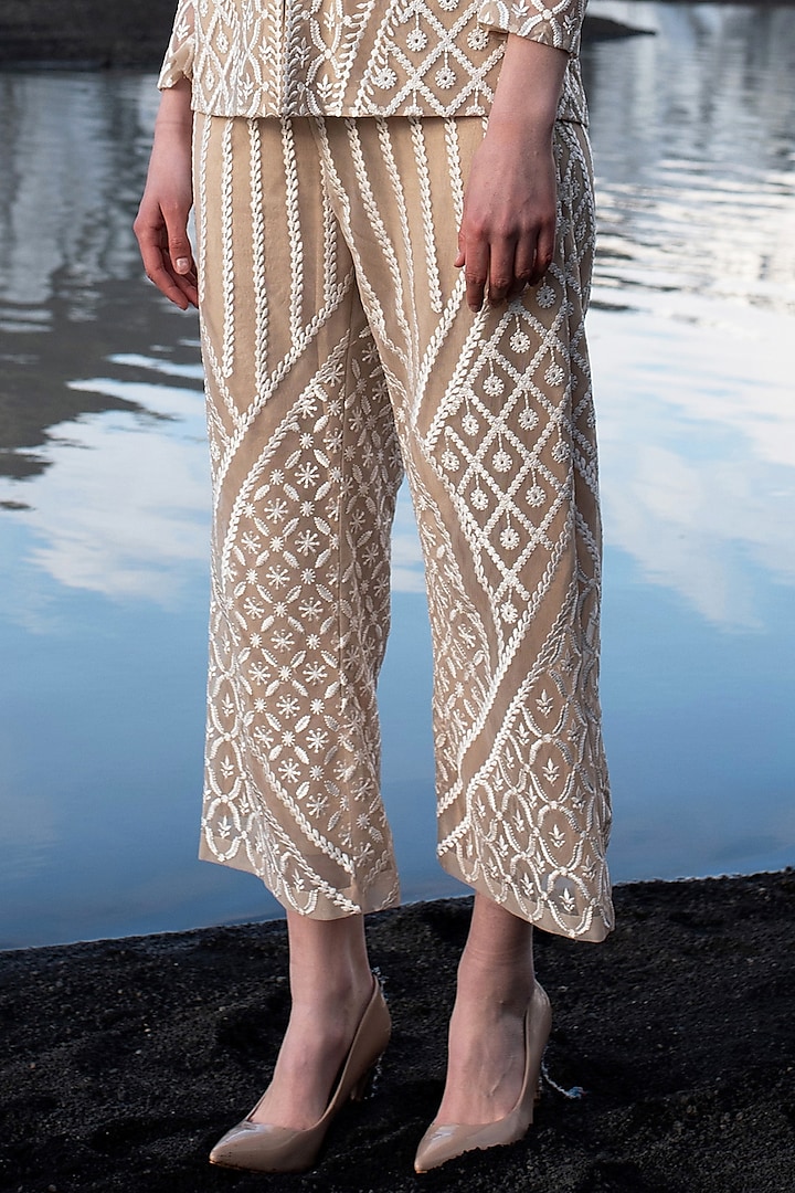 Blush Nude Nylon Embroidered Straight Pants by SEEMA GUJRAL X DASH AND DOT