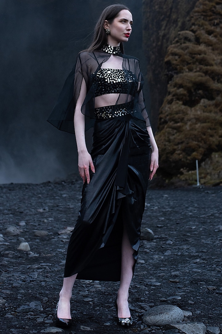 Black Polyester Embroidered Asymmetric Draped Skirt Set by SEEMA GUJRAL X DASH AND DOT at Pernia's Pop Up Shop