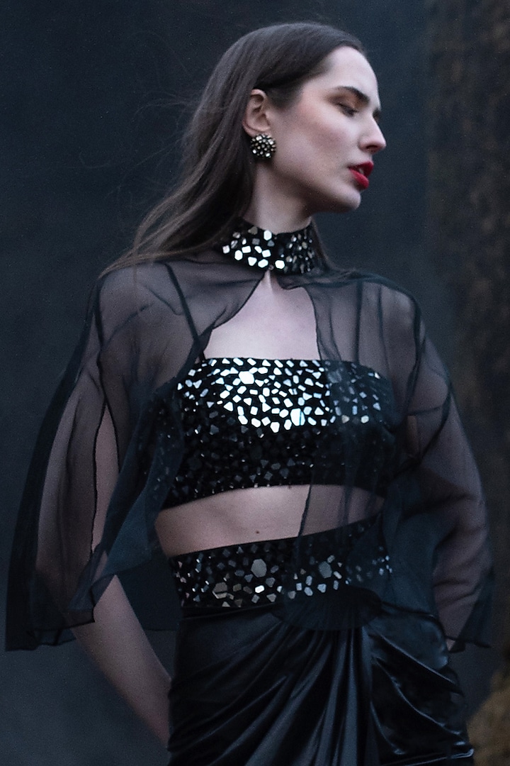Black Organza Embroidered Cape With Bralette by SEEMA GUJRAL X DASH AND DOT