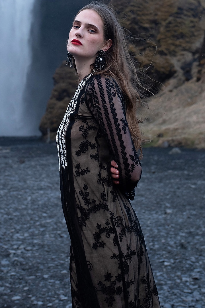 Black Soft Tulle Embroidered Gown by SEEMA GUJRAL X DASH AND DOT at Pernia's Pop Up Shop
