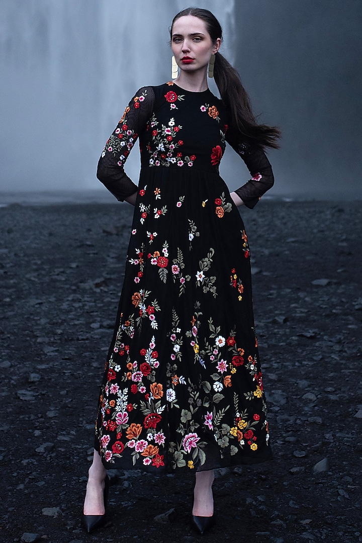 Black Nylon Embroidered Maxi Dress by SEEMA GUJRAL X DASH AND DOT