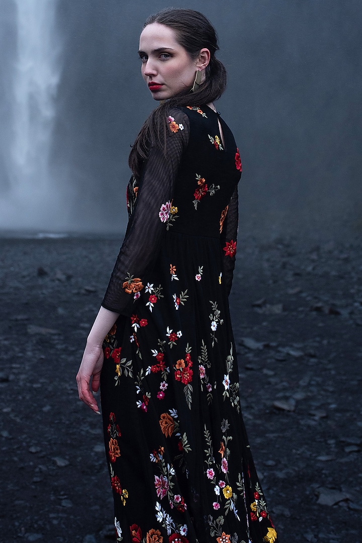 Black Nylon Embroidered Maxi Summer Dress by SEEMA GUJRAL X DASH AND DOT at Pernia's Pop Up Shop