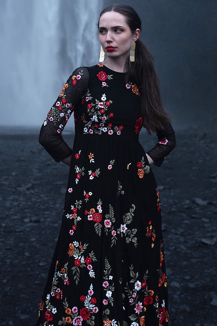 Black Nylon Embroidered Maxi Summer Dress by SEEMA GUJRAL X DASH AND DOT at Pernia's Pop Up Shop