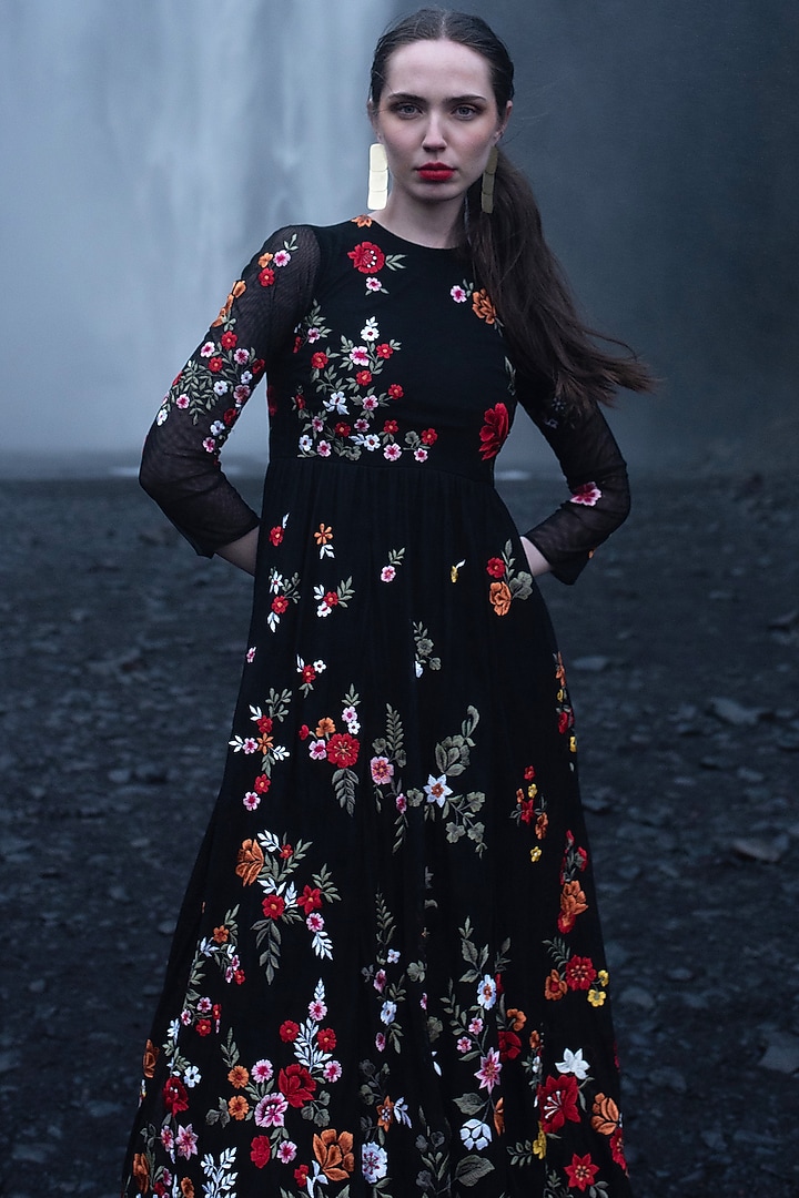 Black Nylon Embroidered Maxi Summer Dress by SEEMA GUJRAL X DASH AND DOT at Pernia's Pop Up Shop
