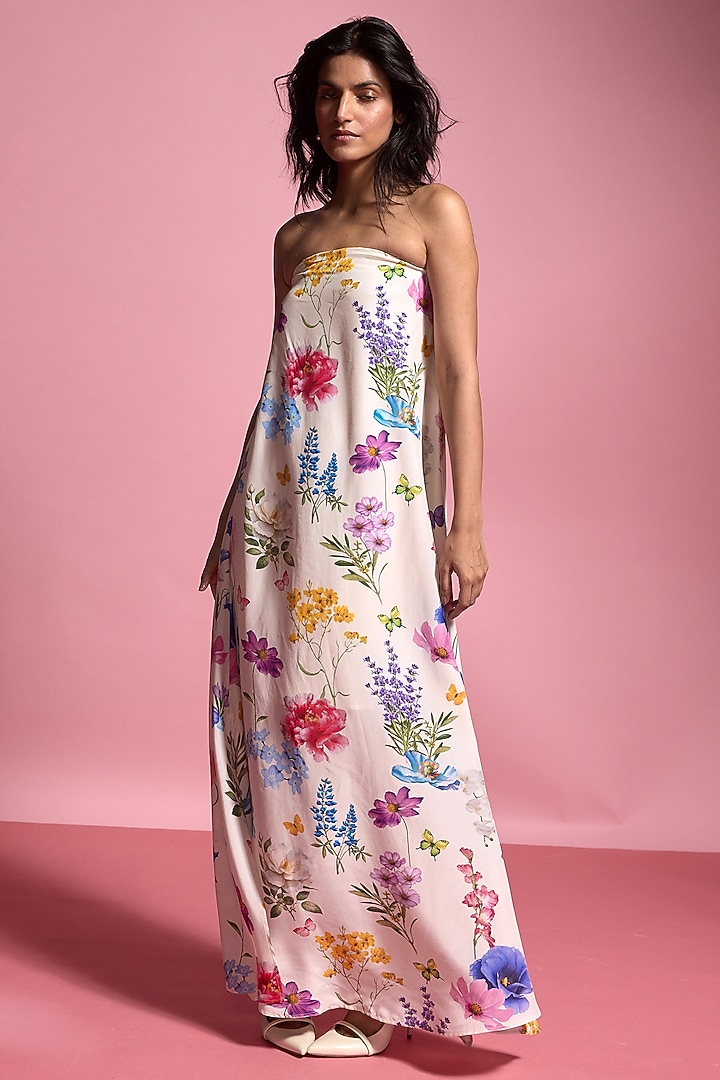 Ivory Viscose Floral Printed Off-Shoulder Maxi Summer Dress by Dash and Dot at Pernia's Pop Up Shop