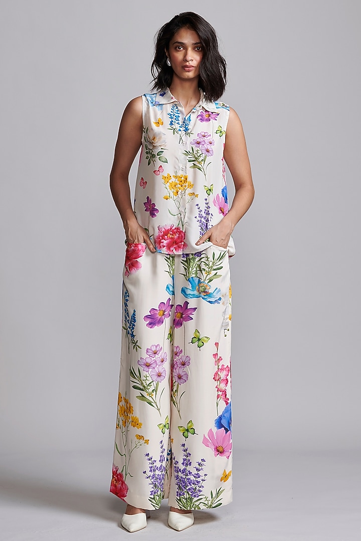 Ivory Viscose Floral Printed Co-Ord Set by Dash and Dot at Pernia's Pop Up Shop
