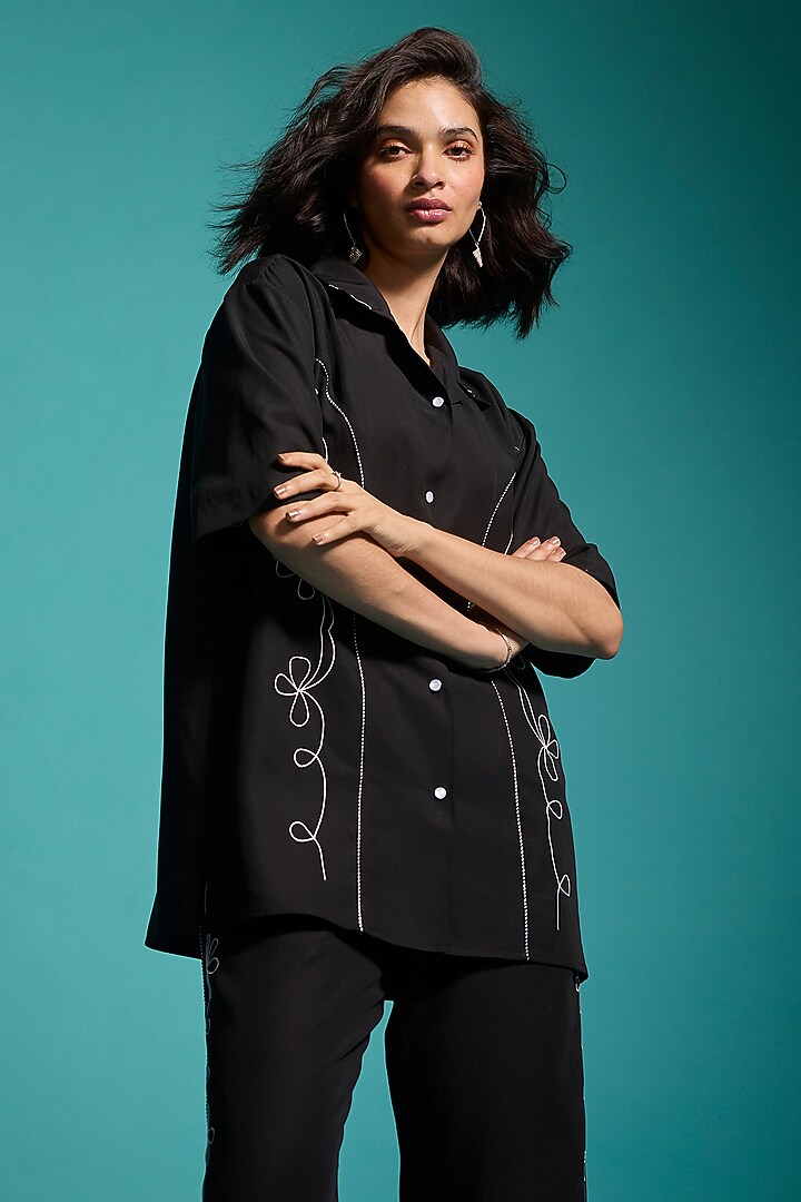 Black Tencel Embroidered Co-Ord Set by Dash and Dot at Pernia's Pop Up Shop
