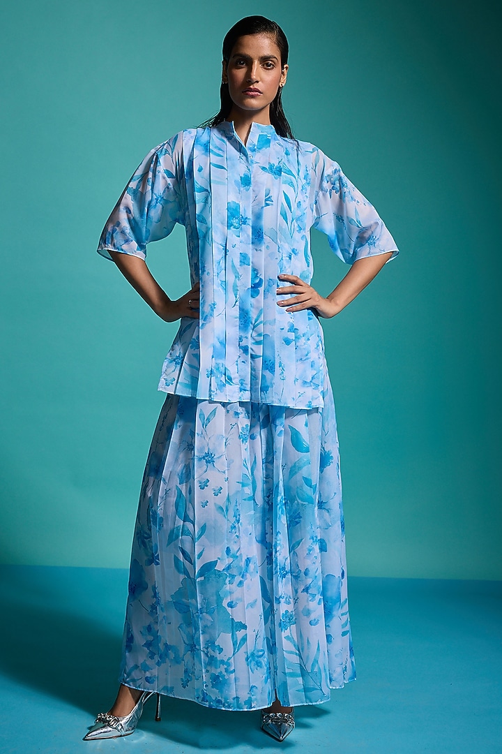 Blue Recycled Polyester Floral Printed Co-Ord Set by Dash and Dot at Pernia's Pop Up Shop