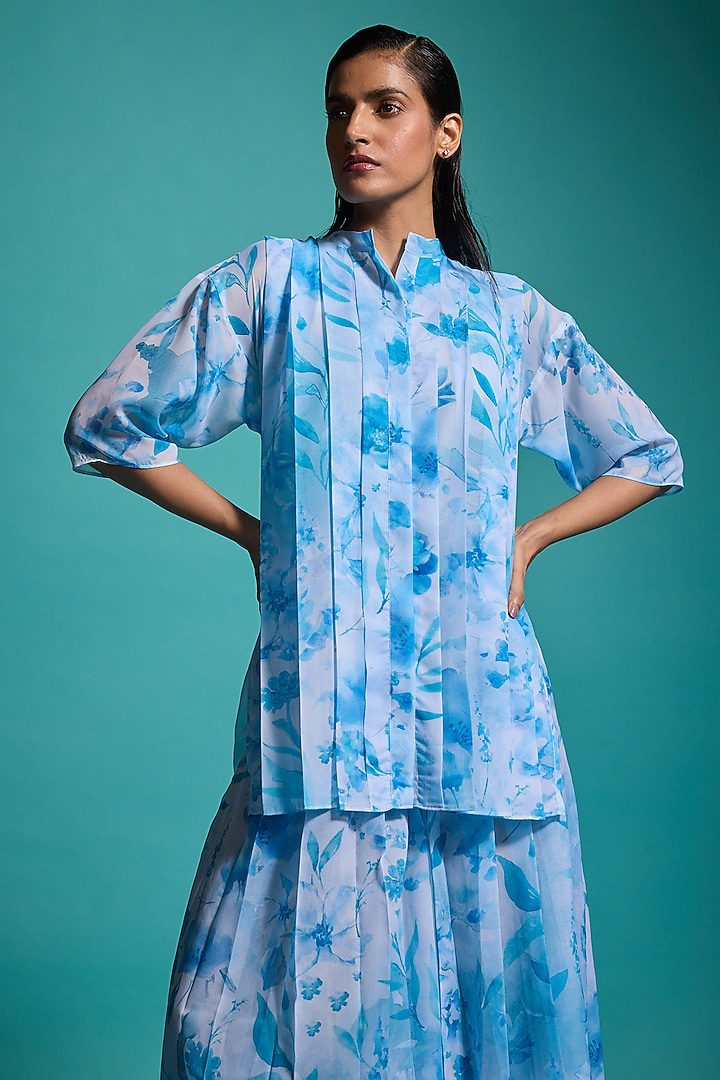 Blue Recycled Polyester Floral Printed Co-Ord Set by Dash and Dot at Pernia's Pop Up Shop