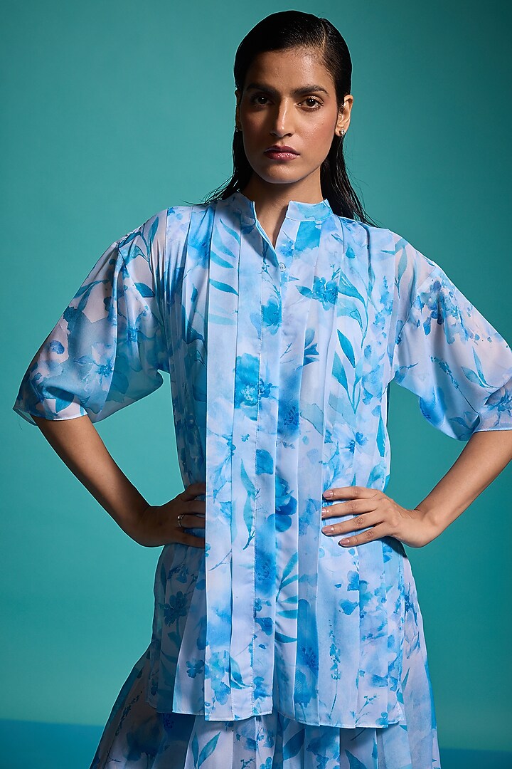 Blue Recycled Polyester Floral Printed Co-Ord Set by Dash and Dot at Pernia's Pop Up Shop