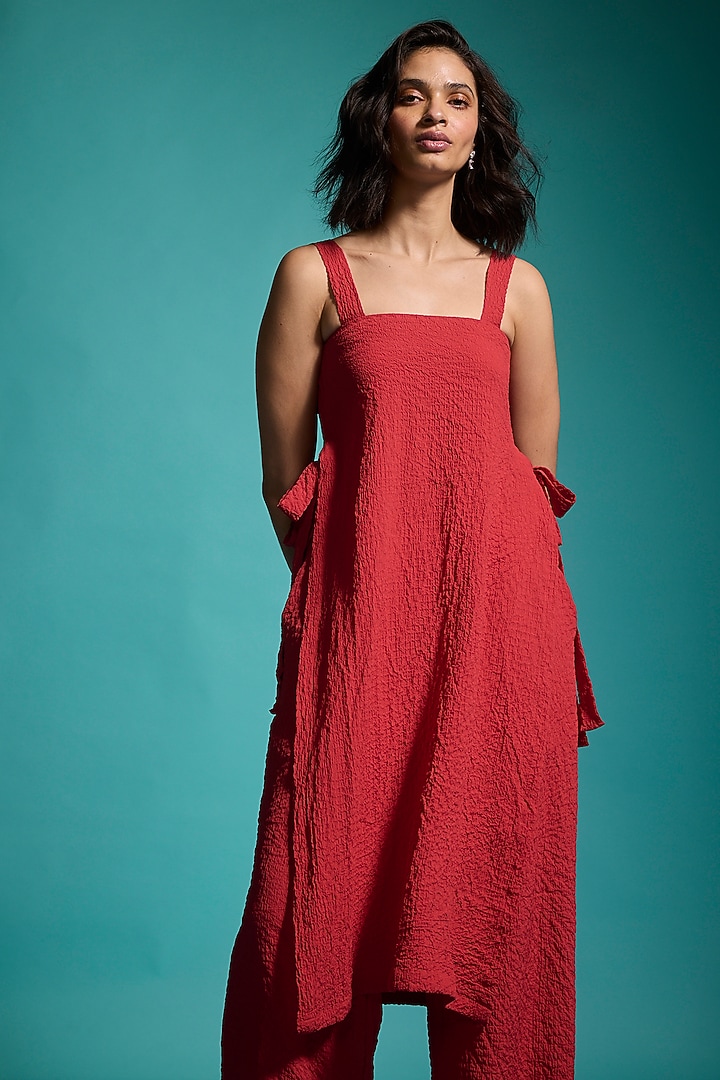 Red Recycled Polyester Crushed Co-Ord Set by Dash and Dot at Pernia's Pop Up Shop