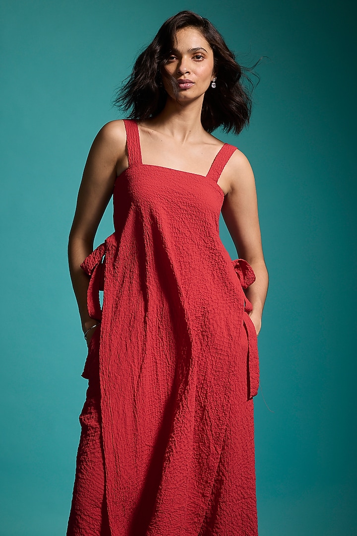 Red Recycled Polyester Crushed Co-Ord Set by Dash and Dot at Pernia's Pop Up Shop