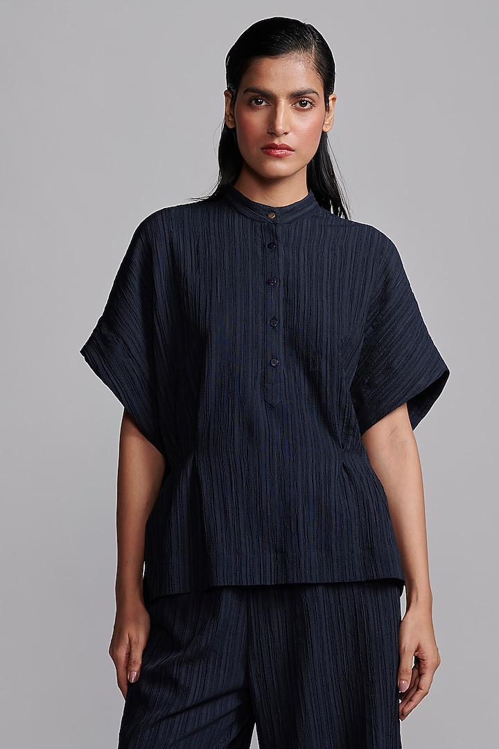 Navy Blue Recycled Polyester Self-Textured Co-Ord Set by Dash and Dot at Pernia's Pop Up Shop
