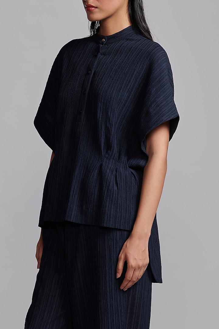 Navy Blue Recycled Polyester Self-Textured Co-Ord Set by Dash and Dot at Pernia's Pop Up Shop