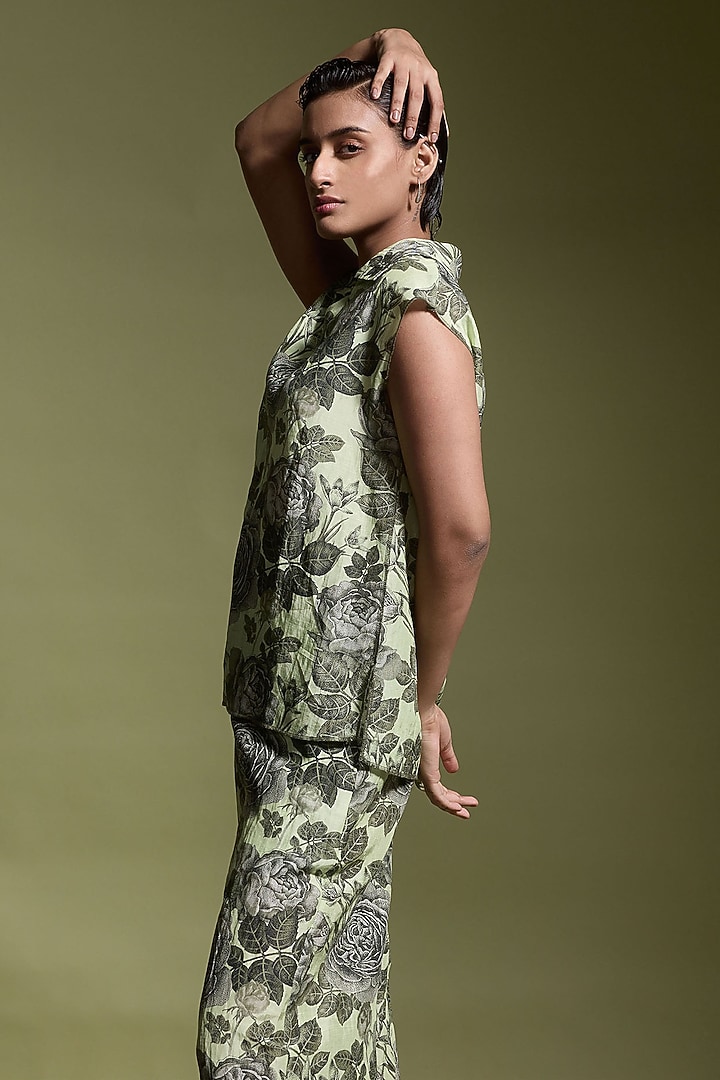 Pistachio Green Linen & Viscose Floral Printed Co-Ord Set by Dash and Dot at Pernia's Pop Up Shop