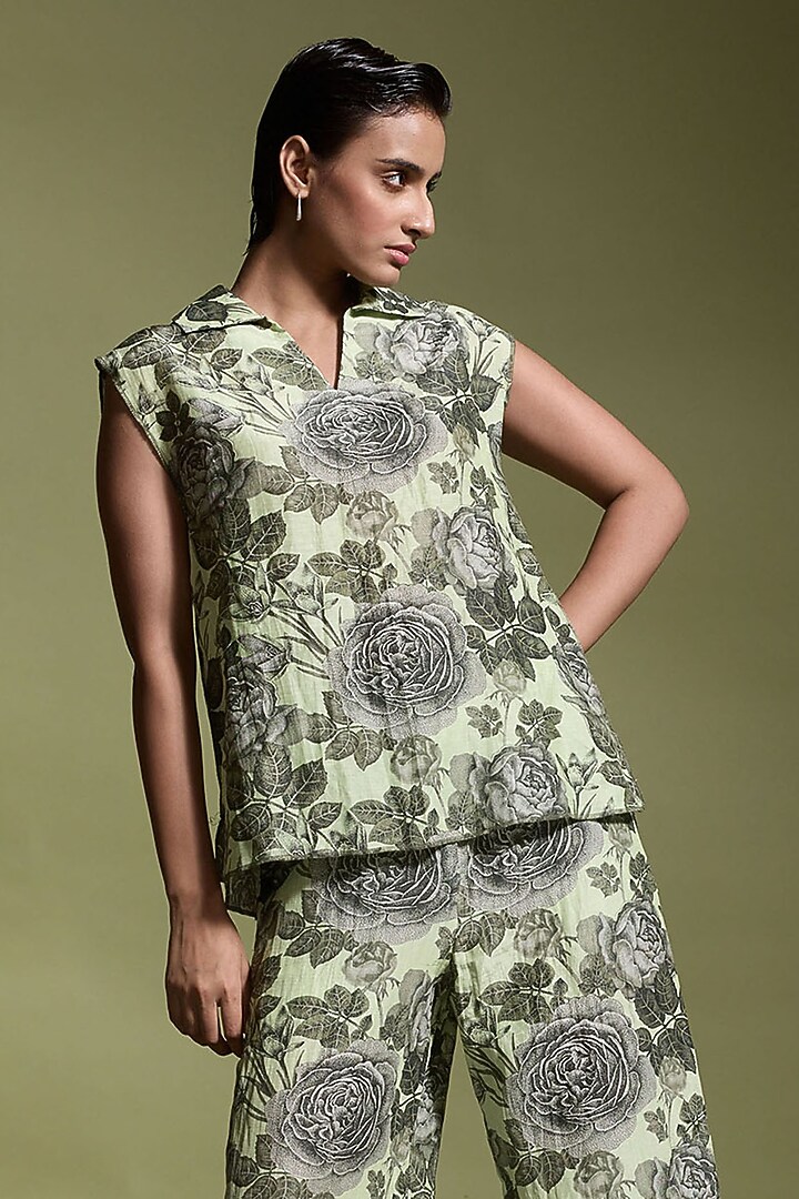 Pistachio Green Linen & Viscose Floral Printed Co-Ord Set by Dash and Dot at Pernia's Pop Up Shop