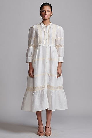 White Linen & Silk Midi Dress by Dash and Dot
