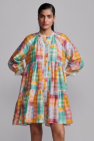 Multi-Colored Viscose & Linen Printed Midi Dress by Dash and Dot