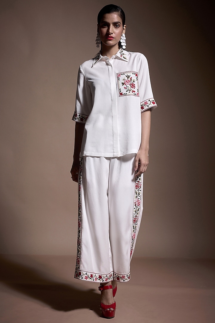 Ivory Tencel Cross-Stitch Embroidered Co-Ord Set by Dash and Dot at Pernia's Pop Up Shop