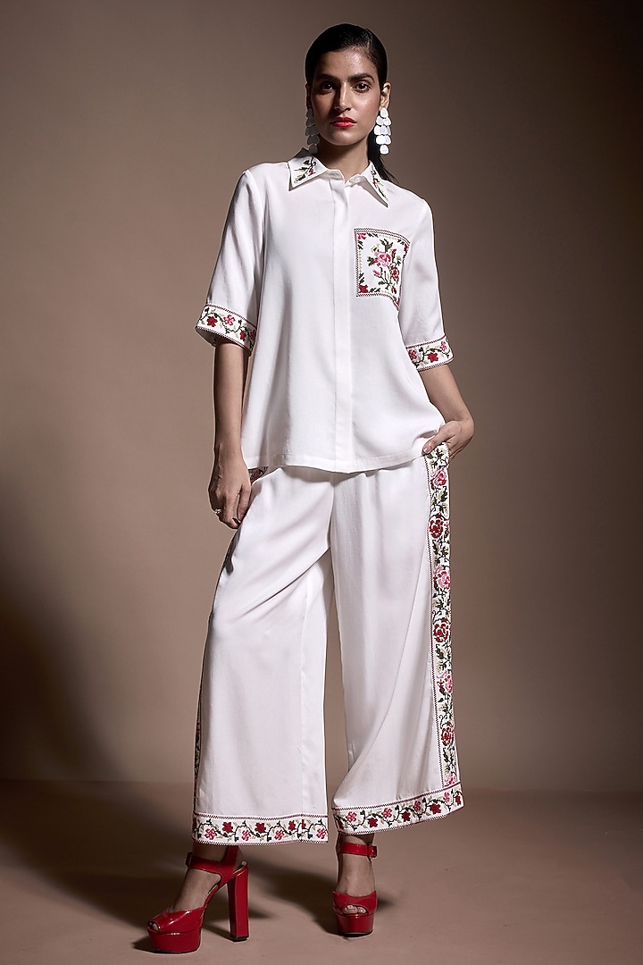 Ivory Tencel Cross-Stitch Embroidered Co-Ord Set by Dash and Dot at Pernia's Pop Up Shop