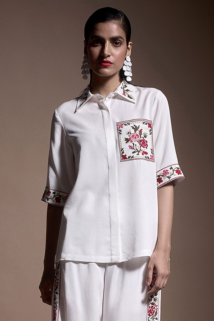 Ivory Tencel Cross-Stitch Embroidered Co-Ord Set by Dash and Dot at Pernia's Pop Up Shop