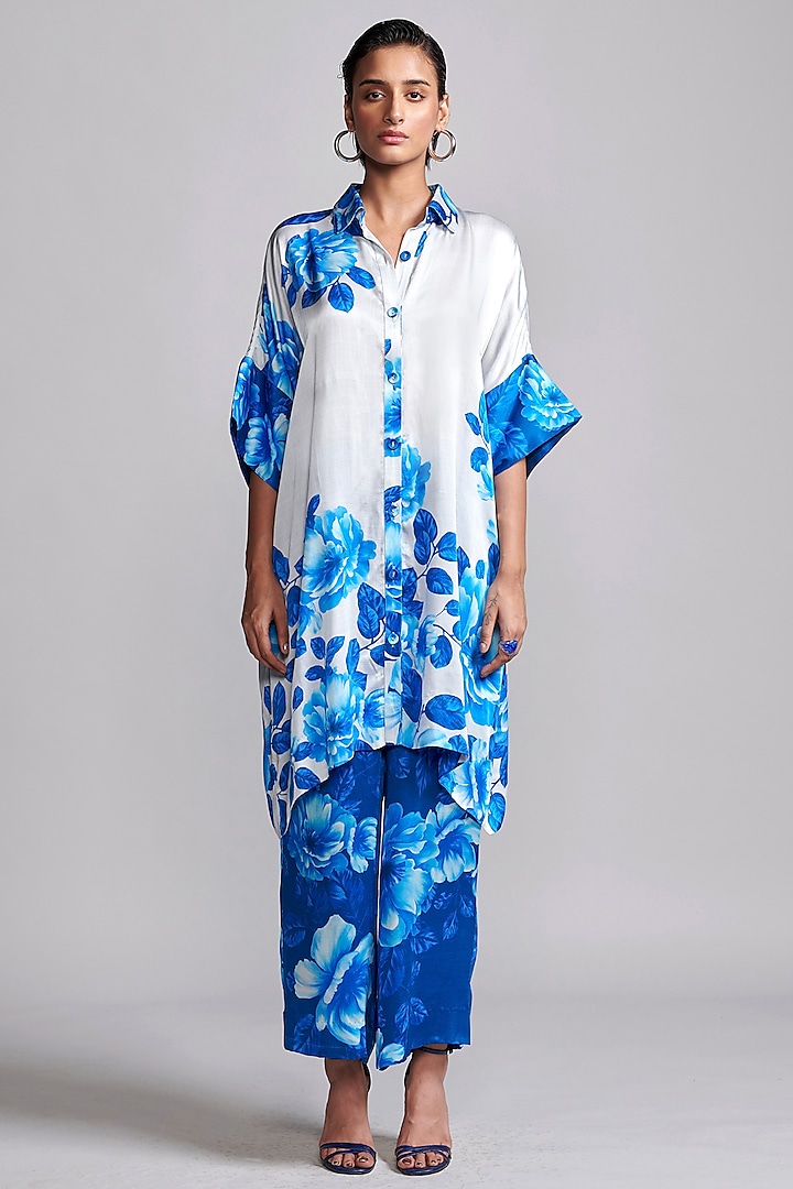 Blue Viscose Floral Printed Wide-Legged Pant Set by Dash and Dot at Pernia's Pop Up Shop