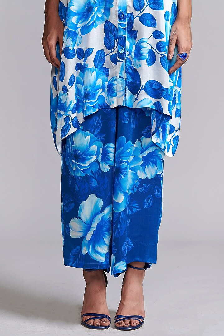 Blue Viscose Floral Printed Wide-Legged Pant Set by Dash and Dot at Pernia's Pop Up Shop