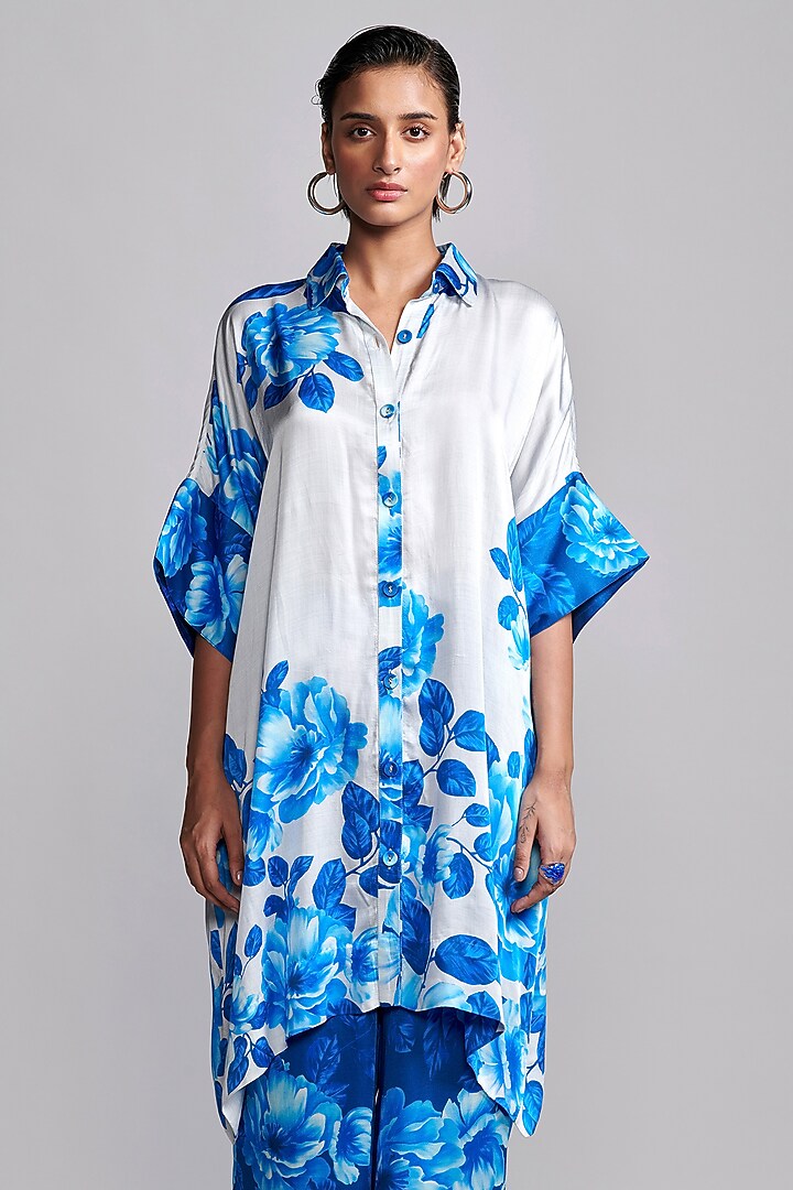 Blue Viscose Floral Printed Wide-Legged Pant Set by Dash and Dot at Pernia's Pop Up Shop