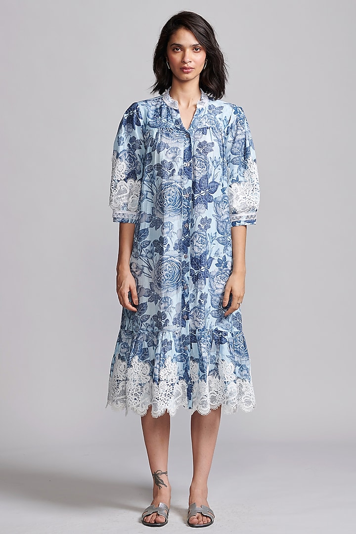 Blue Viscose & Linen Floral Printed Midi Dress by Dash and Dot at Pernia's Pop Up Shop