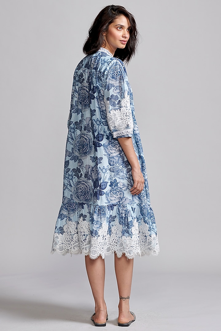 Blue Viscose & Linen Floral Printed Midi Summer Dress by Dash and Dot at Pernia's Pop Up Shop