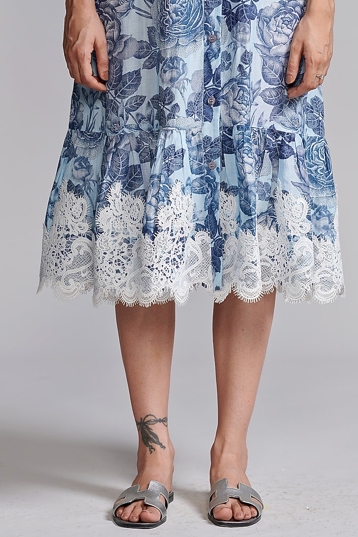 Blue Viscose & Linen Floral Printed Midi Summer Dress by Dash and Dot at Pernia's Pop Up Shop