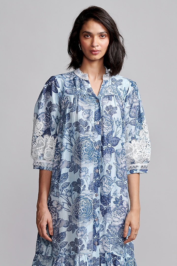 Blue Viscose & Linen Floral Printed Midi Summer Dress by Dash and Dot at Pernia's Pop Up Shop