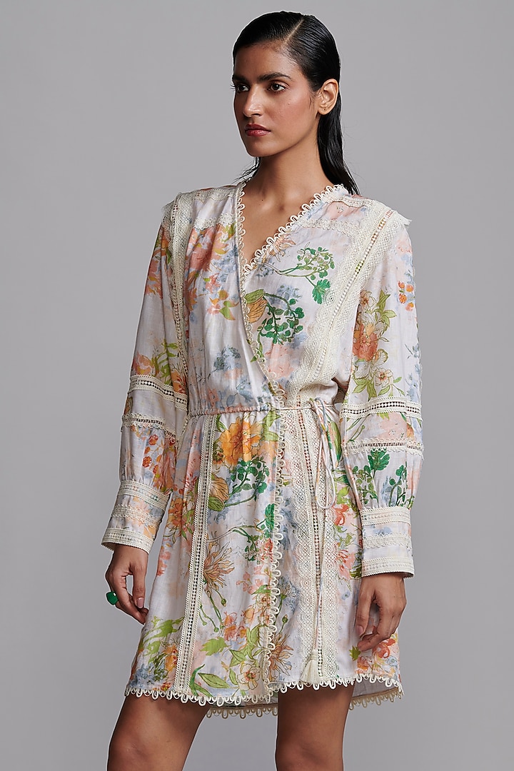 Multi-Colored Linen & Viscose Floral Printed Mini Wrap Dress by Dash and Dot at Pernia's Pop Up Shop