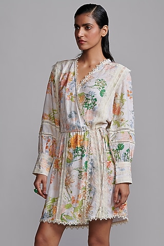 Multi-Colored Linen & Viscose Floral Printed Mini Wrap Dress by Dash and Dot