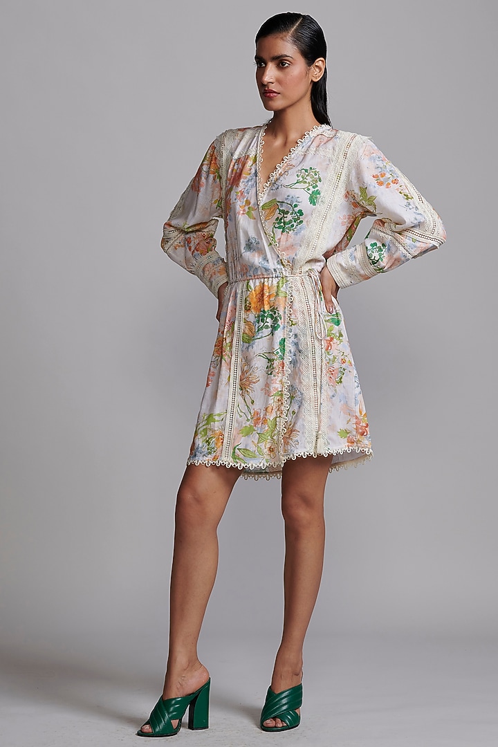 Multi-Colored Linen & Viscose Floral Printed Mini Wrap Summer Dress by Dash and Dot at Pernia's Pop Up Shop