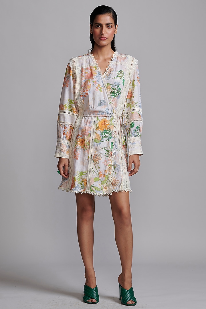 Multi-Colored Linen & Viscose Floral Printed Mini Wrap Summer Dress by Dash and Dot at Pernia's Pop Up Shop