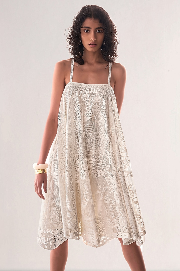 White Recycled Polyester Lacework Mini Summer Dress by Dash and Dot at Pernia's Pop Up Shop