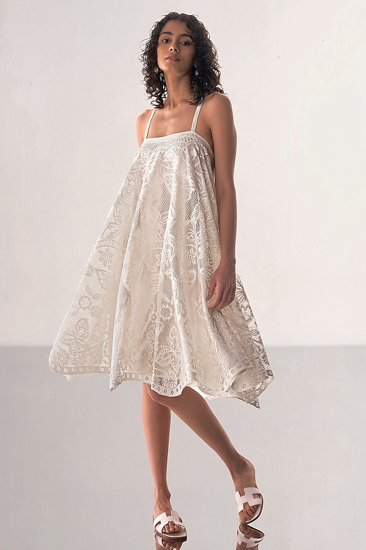 White Recycled Polyester Lacework Mini Summer Dress by Dash and Dot at Pernia's Pop Up Shop