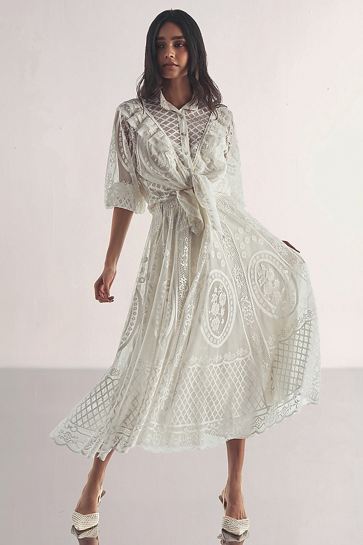 White Recycled Polyester A-Line Midi Skirt by Dash and Dot at Pernia's Pop Up Shop