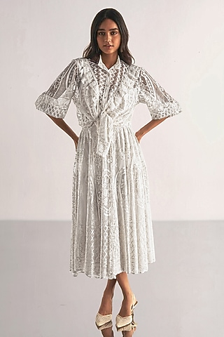 White Recycled Polyester A-Line Midi Skirt Set by Dash and Dot