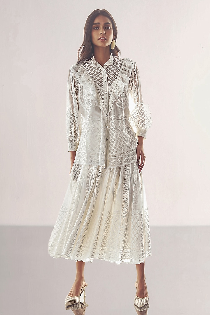 White Recycled Polyester A-Line Midi Skirt Set by Dash and Dot at Pernia's Pop Up Shop
